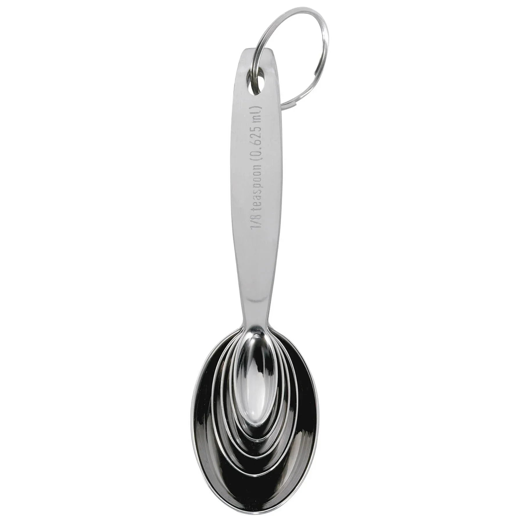 Set of stainless steel measuring spoons with engraved measurements, held together by a ring