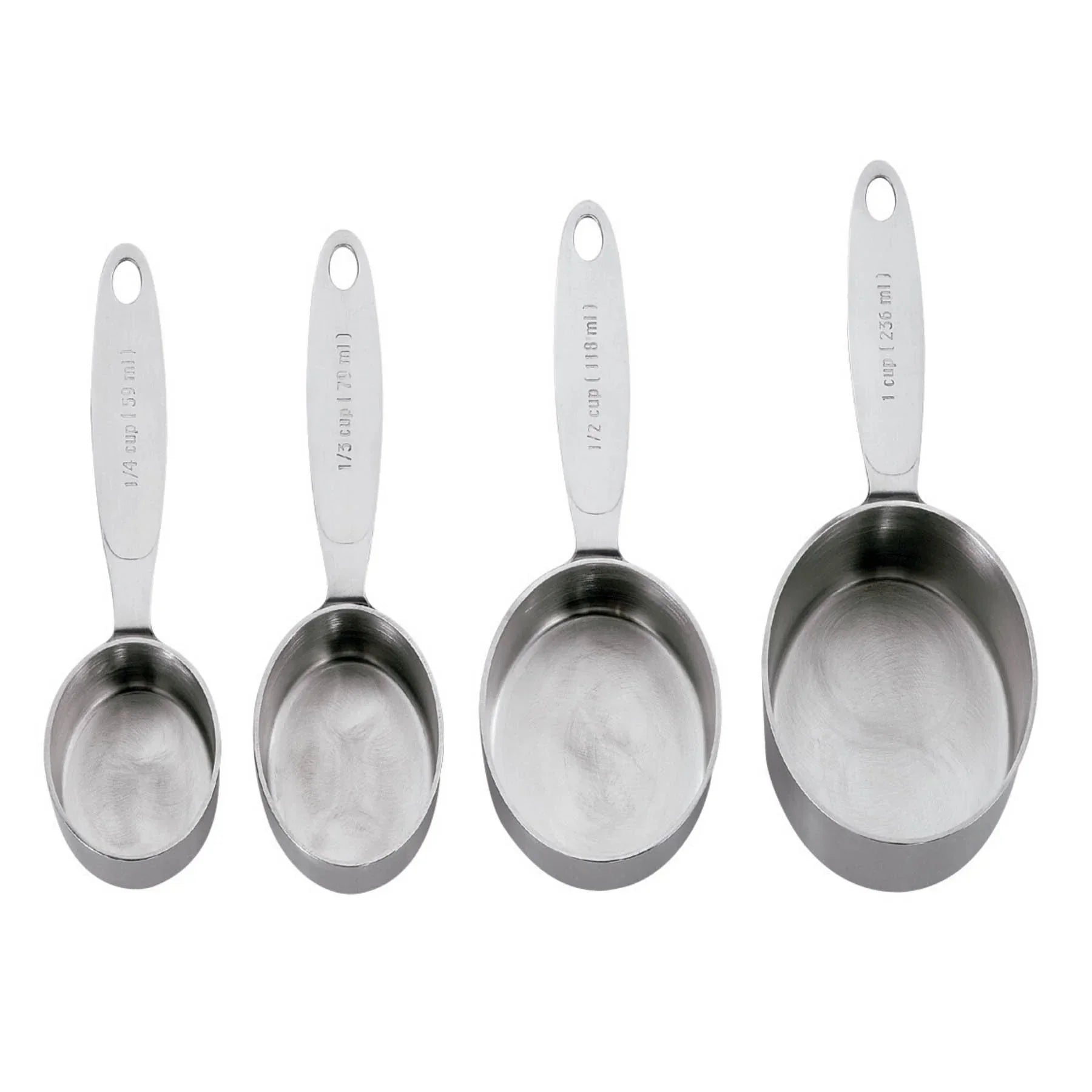 Set of four stainless steel measuring cups with engraved cup and milliliter markings