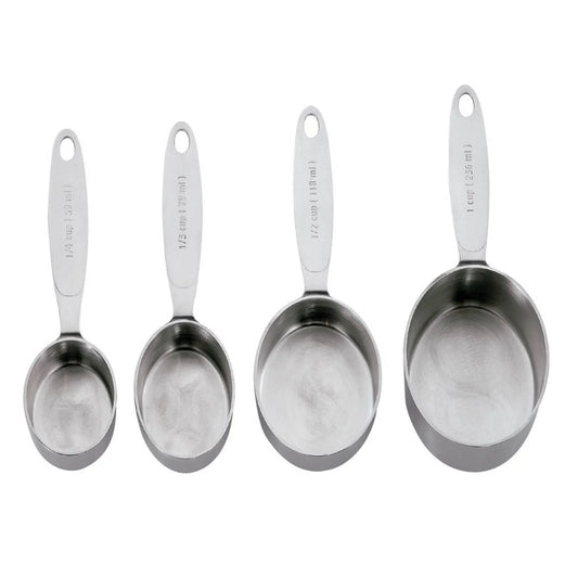 Set of four stainless steel measuring cups with engraved cup and milliliter markings