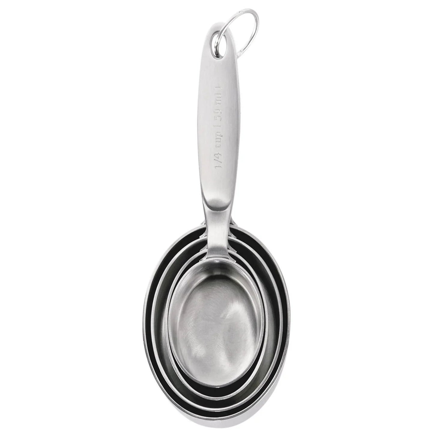 Set of four nested stainless steel measuring spoons with engraved measurements and ring