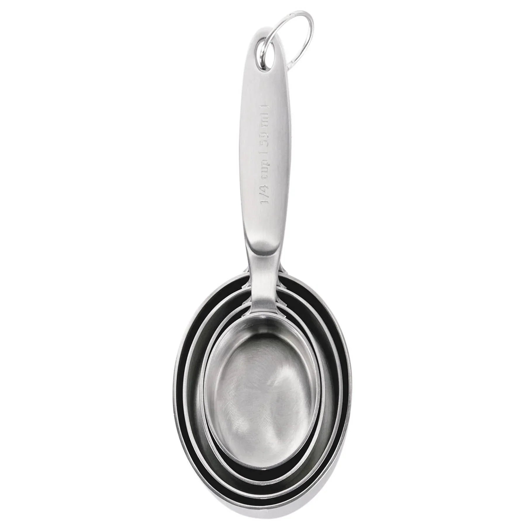 Set of four nested stainless steel measuring spoons with engraved measurements and ring