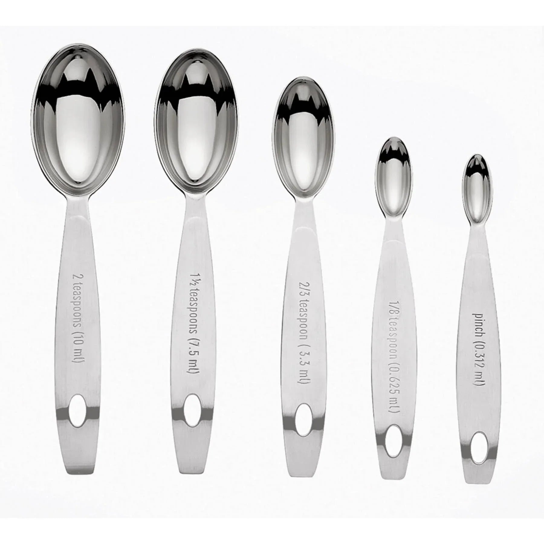 Set of five stainless steel measuring spoons with various teaspoon and pinch measurements