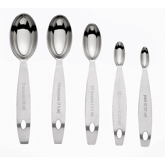 Set of five stainless steel measuring spoons with various teaspoon and pinch measurements