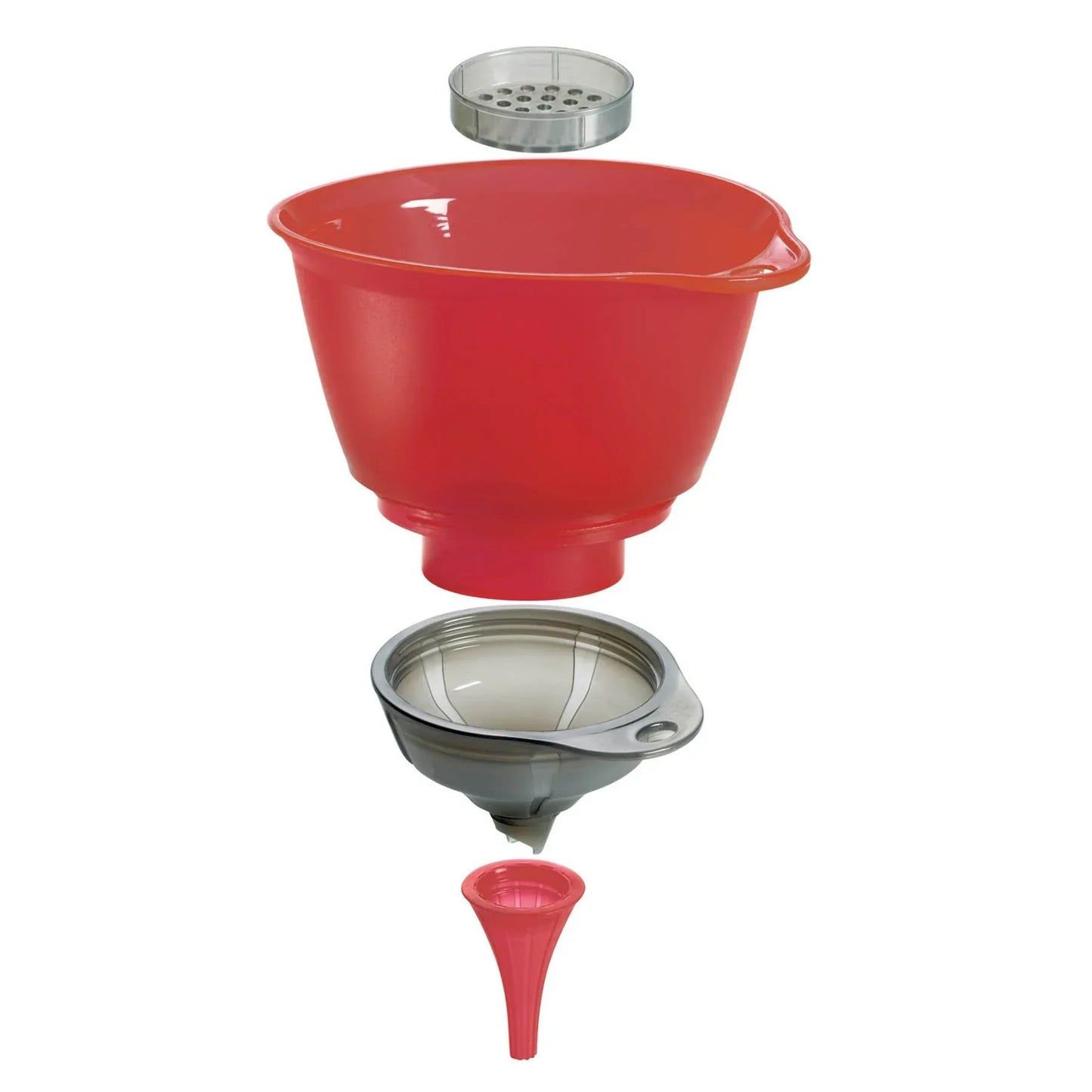 Red plastic funnel set with detachable stainless steel strainer and black mesh filter for kitchen use
