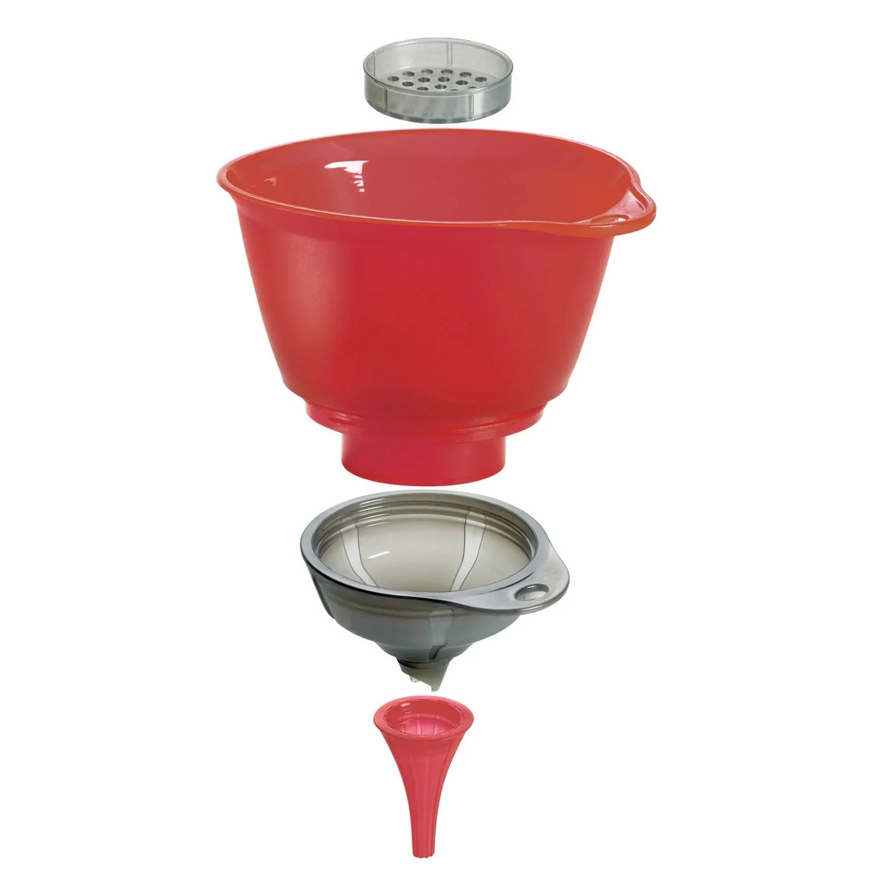 Red plastic funnel set with detachable stainless steel strainer and black mesh filter for kitchen use