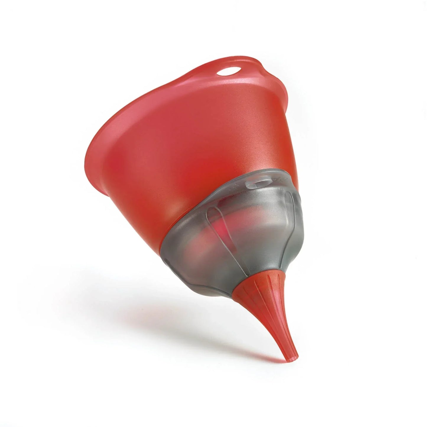 Red and gray silicone funnel with flexible spout and hanging hole on white background