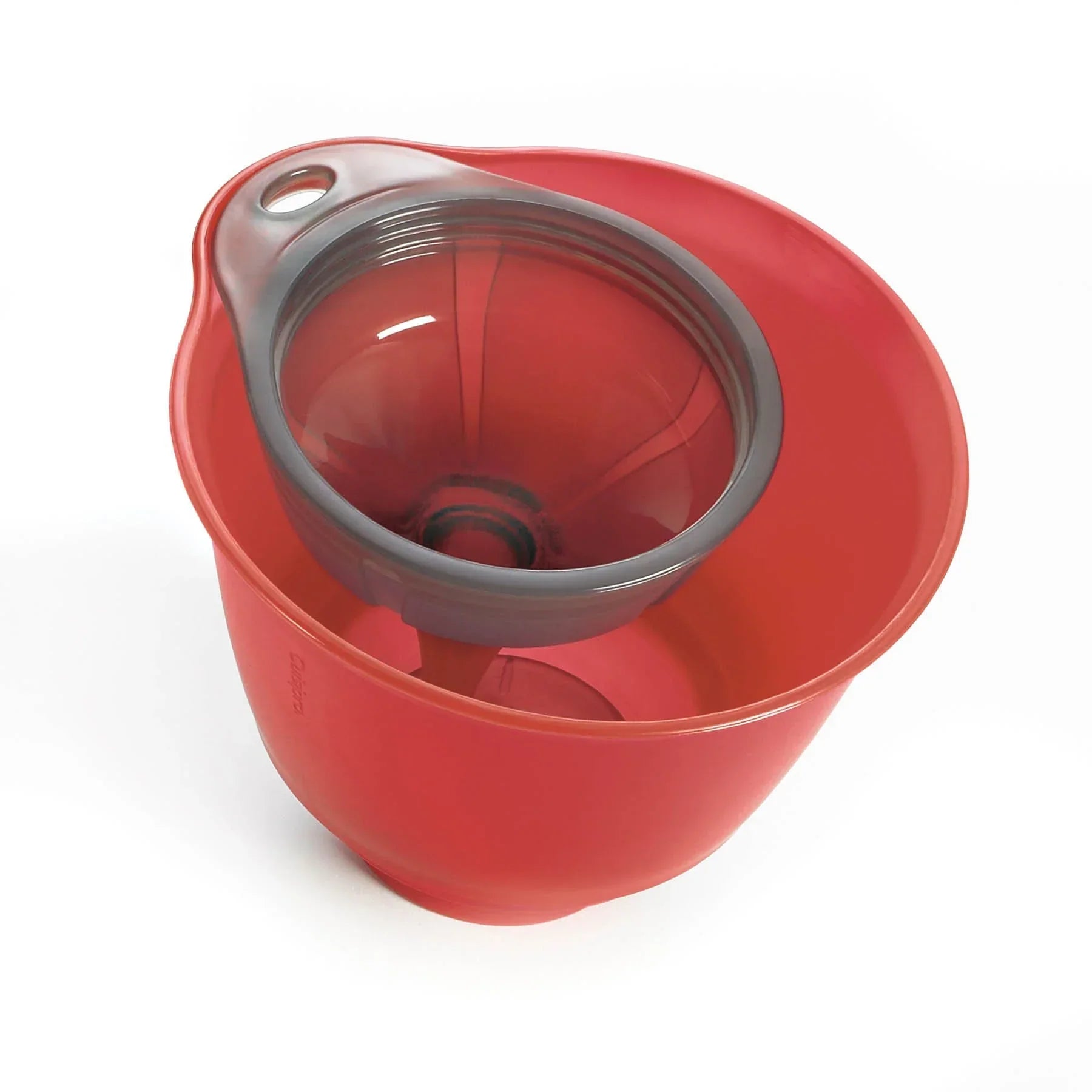 Red mixing bowl with attached grey plastic strainer on white background