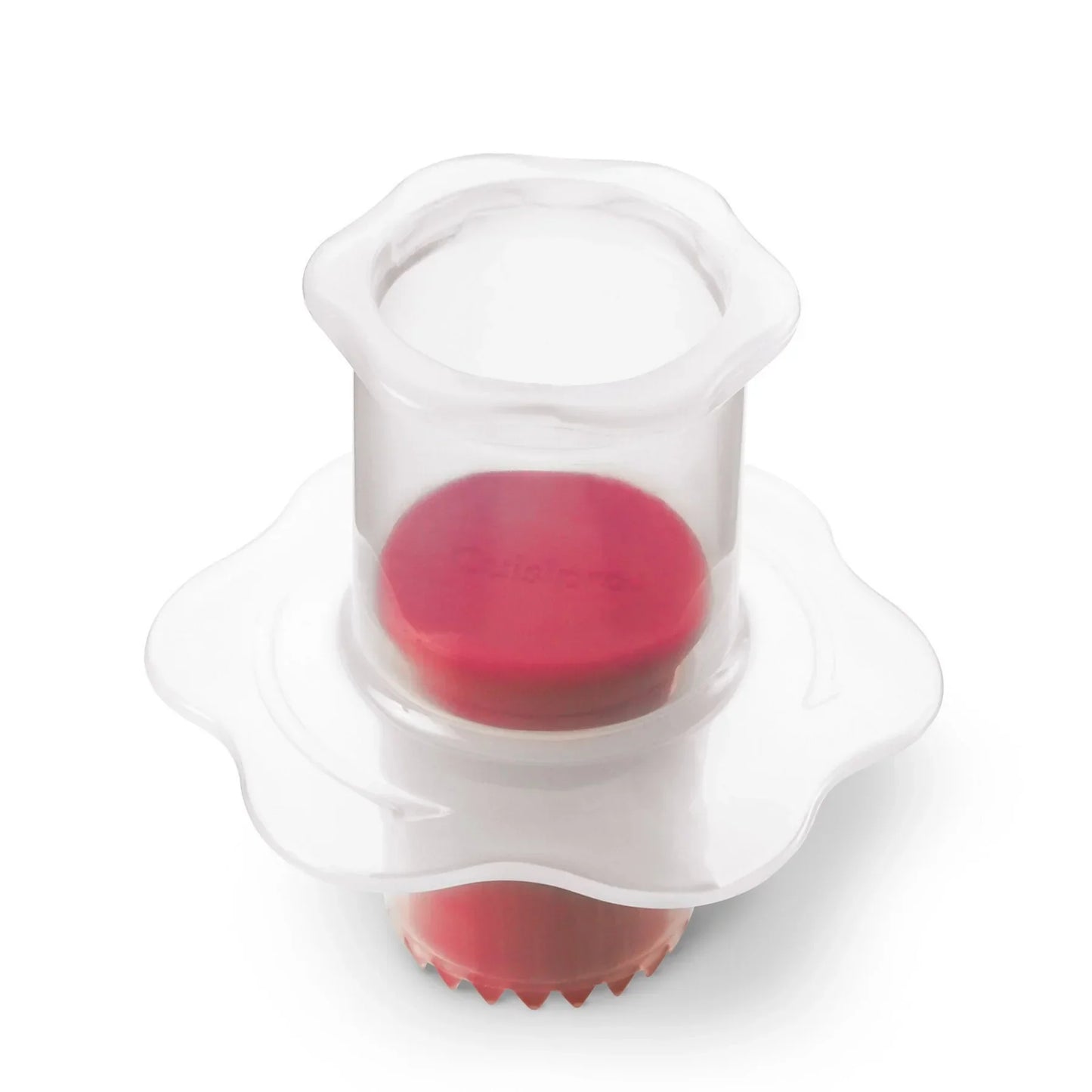 Transparent baby pacifier with a red center and a flower-shaped clear guard