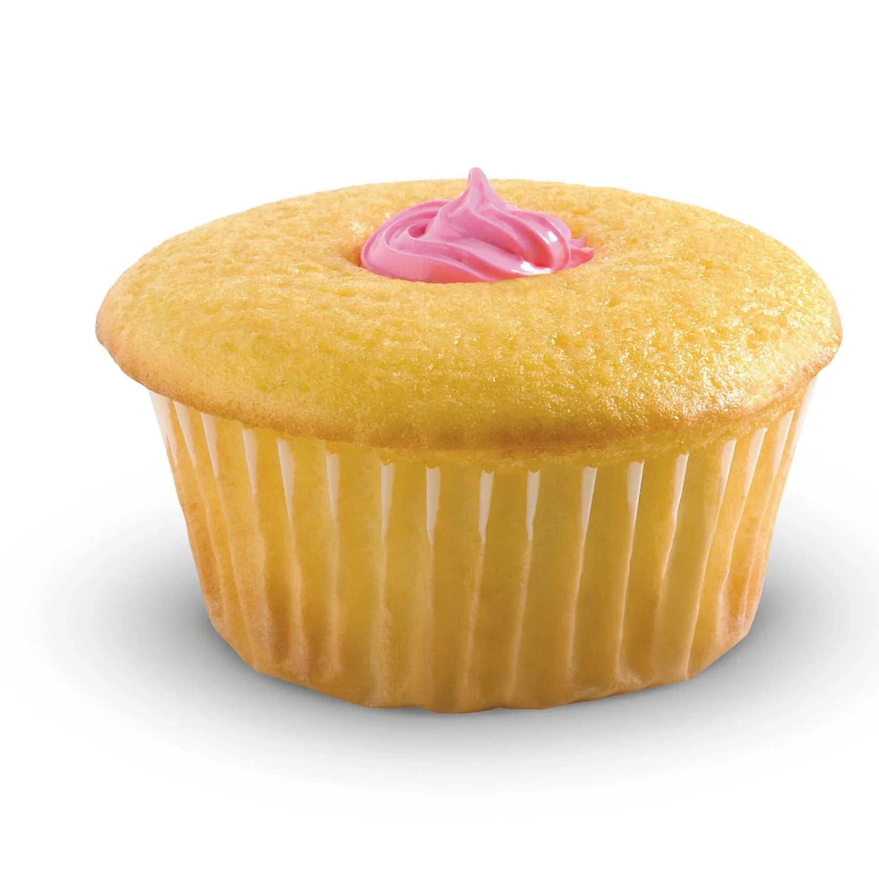 Yellow cupcake with pink frosting swirl in the center on white background