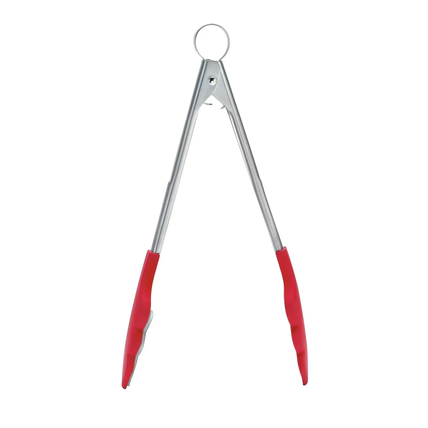 Silver metal kitchen tongs with red silicone tips and locking ring on white background