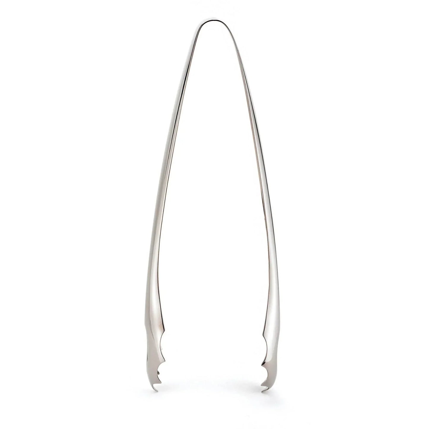 Stainless steel ice tongs with pointed scalloped gripping ends on white background