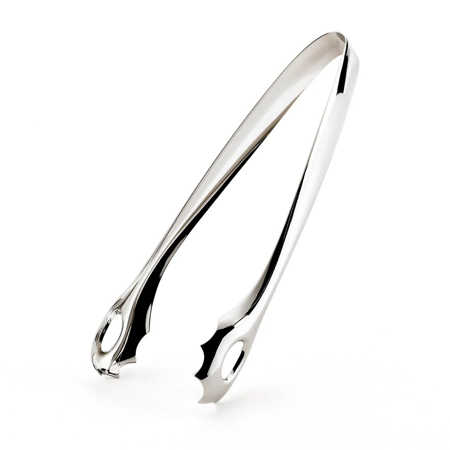 Shiny stainless steel salad tongs with scalloped edges and oval cutouts on white background