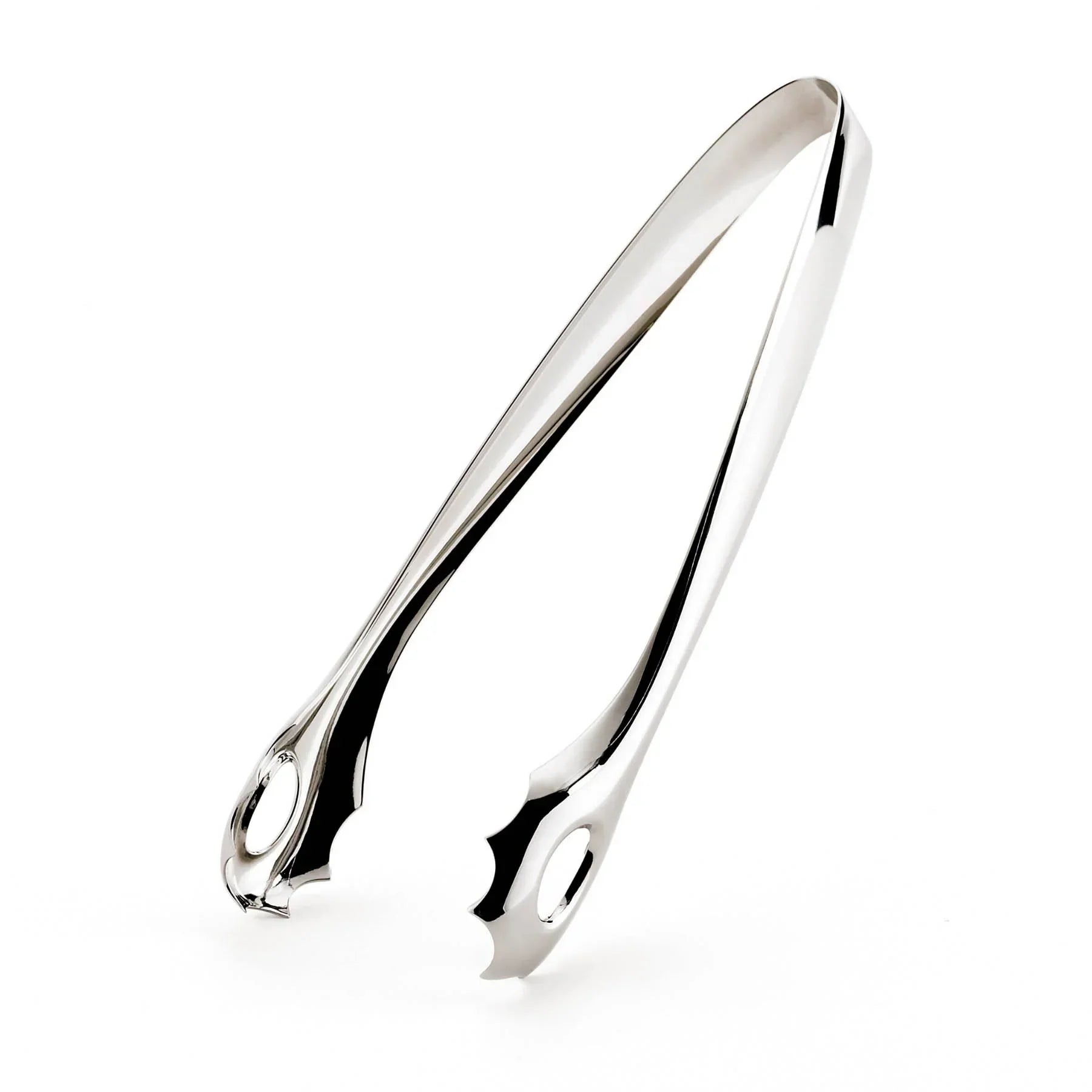 Shiny stainless steel salad tongs with scalloped edges and oval cutouts on white background