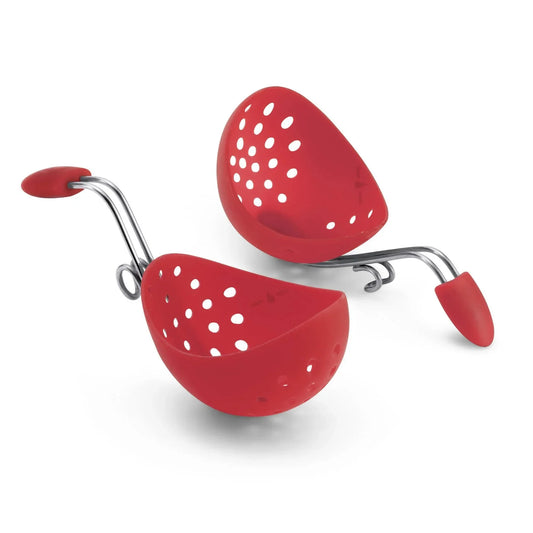 Pair of red silicone tea infusers with perforated bowl shape and stainless steel handles