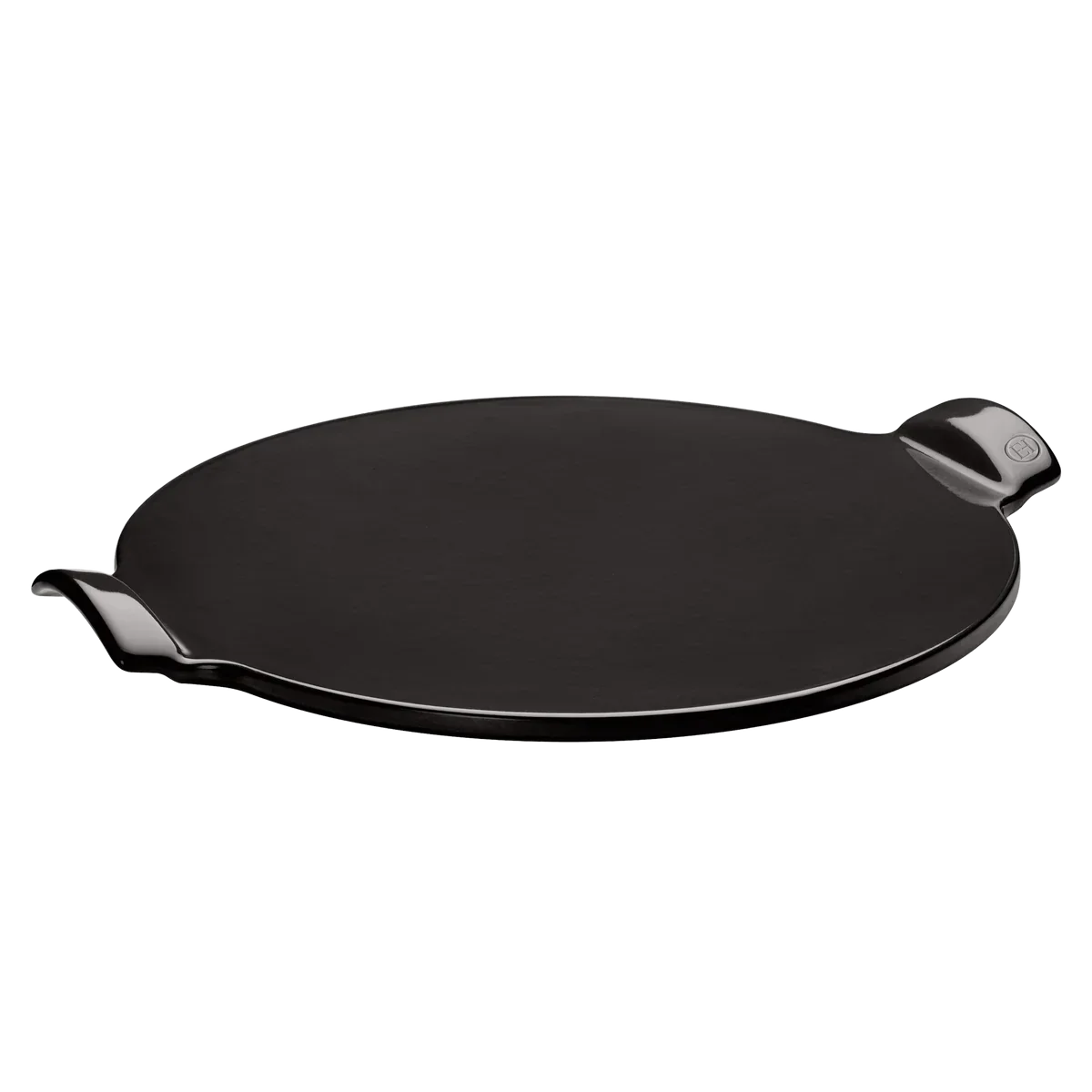 Charcoal smooth round pizza stone with two handles for even cooking
