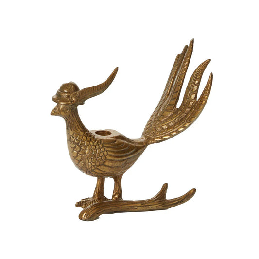 E+E Avery Pheasant Taper Candlestick - Antique Gold Metal Candle Holder