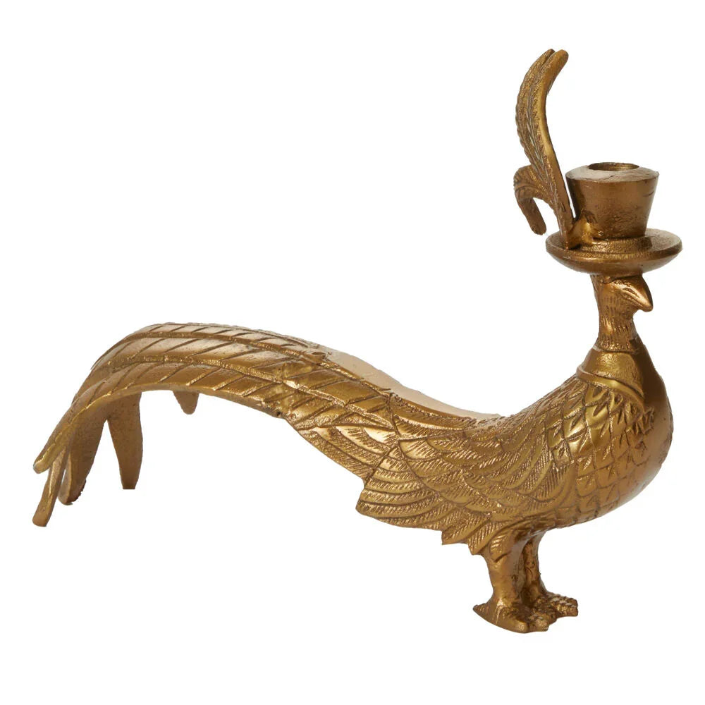 E+E Emerson Pheasant Taper Candlestick - Antique Gold Metal Candle Holder