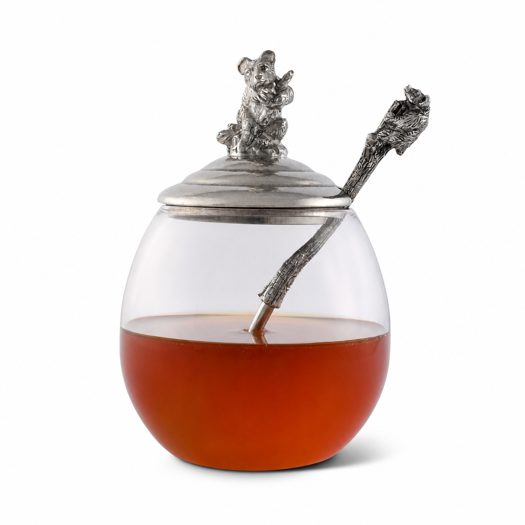 Glass & Pewter Little Bear Honey Pot | 5 Inch