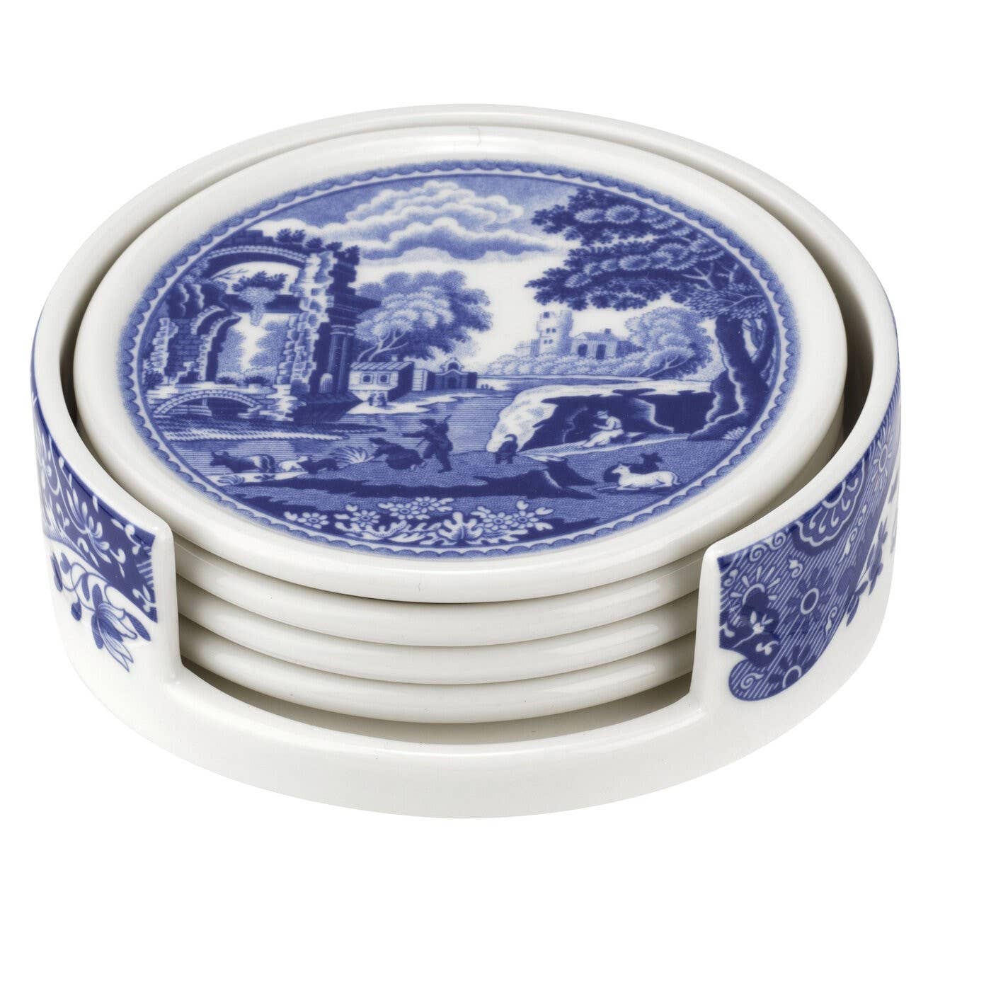 Spode Blue Italian 4-Piece Ceramic Coasters with Holder