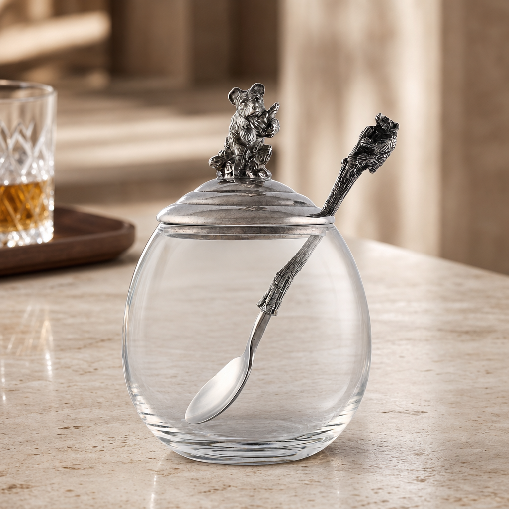 Glass & Pewter Little Bear Honey Pot | 5 Inch