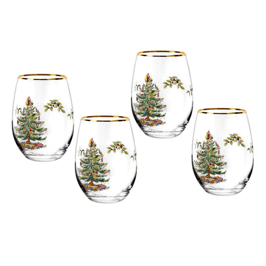 Spode Christmas Tree Stemless Wine Glasses, Set of 4