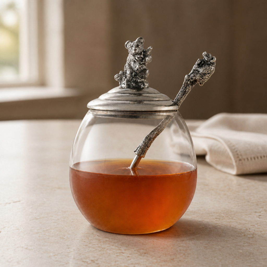 Glass & Pewter Little Bear Honey Pot | 5 Inch
