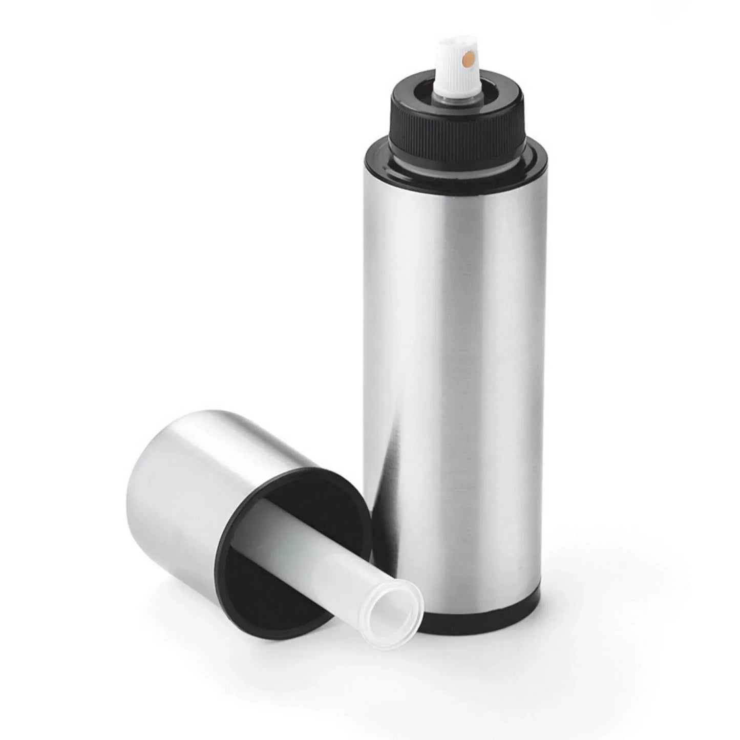Stainless steel spray bottle with black nozzle and cap on white background