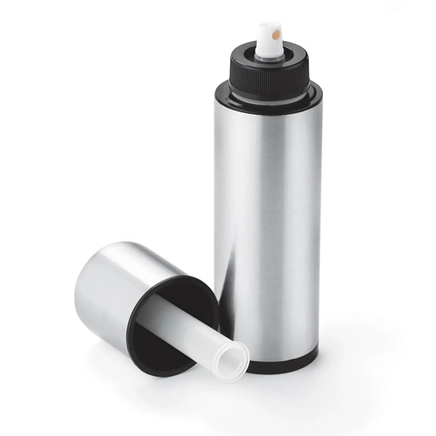 Stainless steel spray bottle with black nozzle and cap on white background