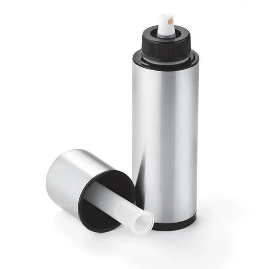 Stainless steel spray bottle with black nozzle and cap on white background
