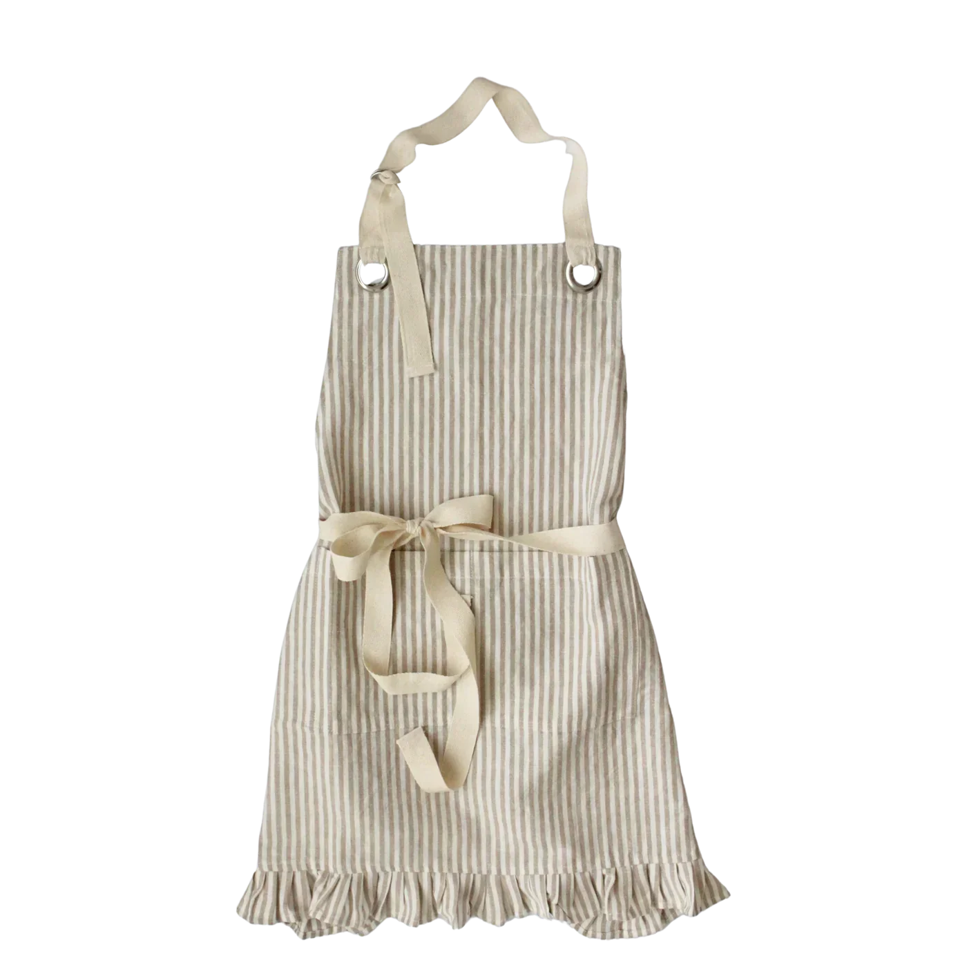 Ruffle Pinstripe Apron - Tan Cotton Linen Blend