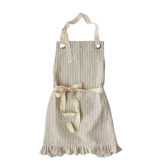 Ruffle Pinstripe Apron - Tan Cotton Linen Blend