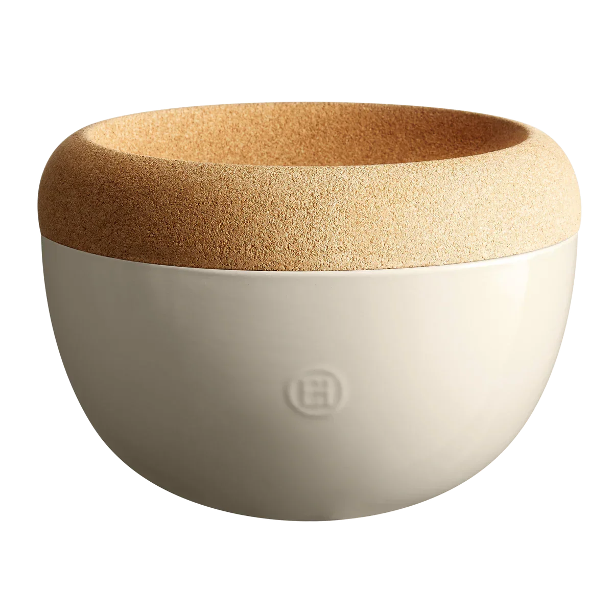 Modern beige ceramic storage bowl with a textured cork rim for kitchen organization