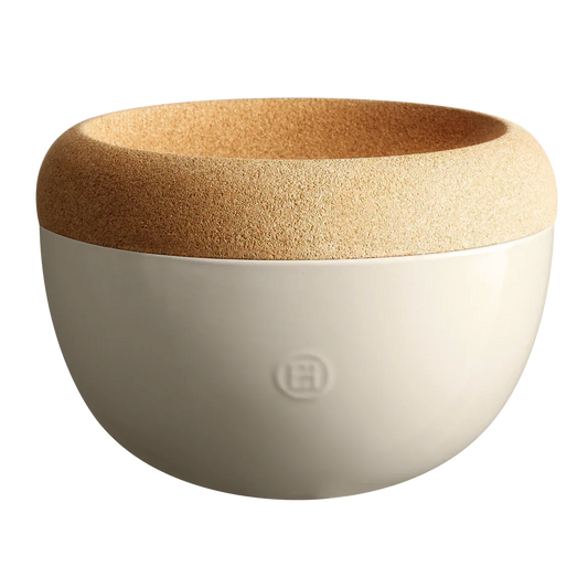 Modern beige ceramic storage bowl with a textured cork rim for kitchen organization
