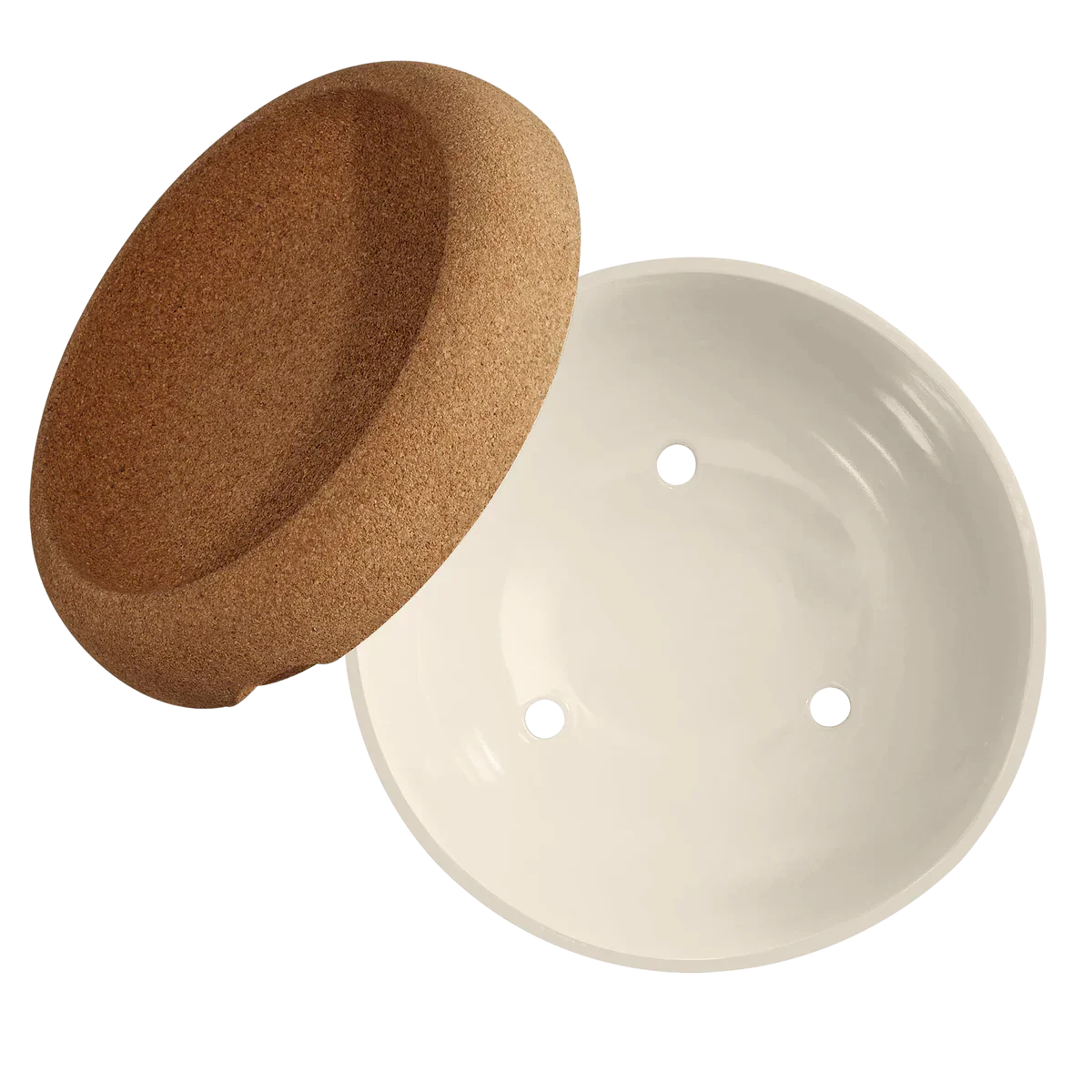 White ceramic bowl with three drainage holes paired with a round cork lid for storage