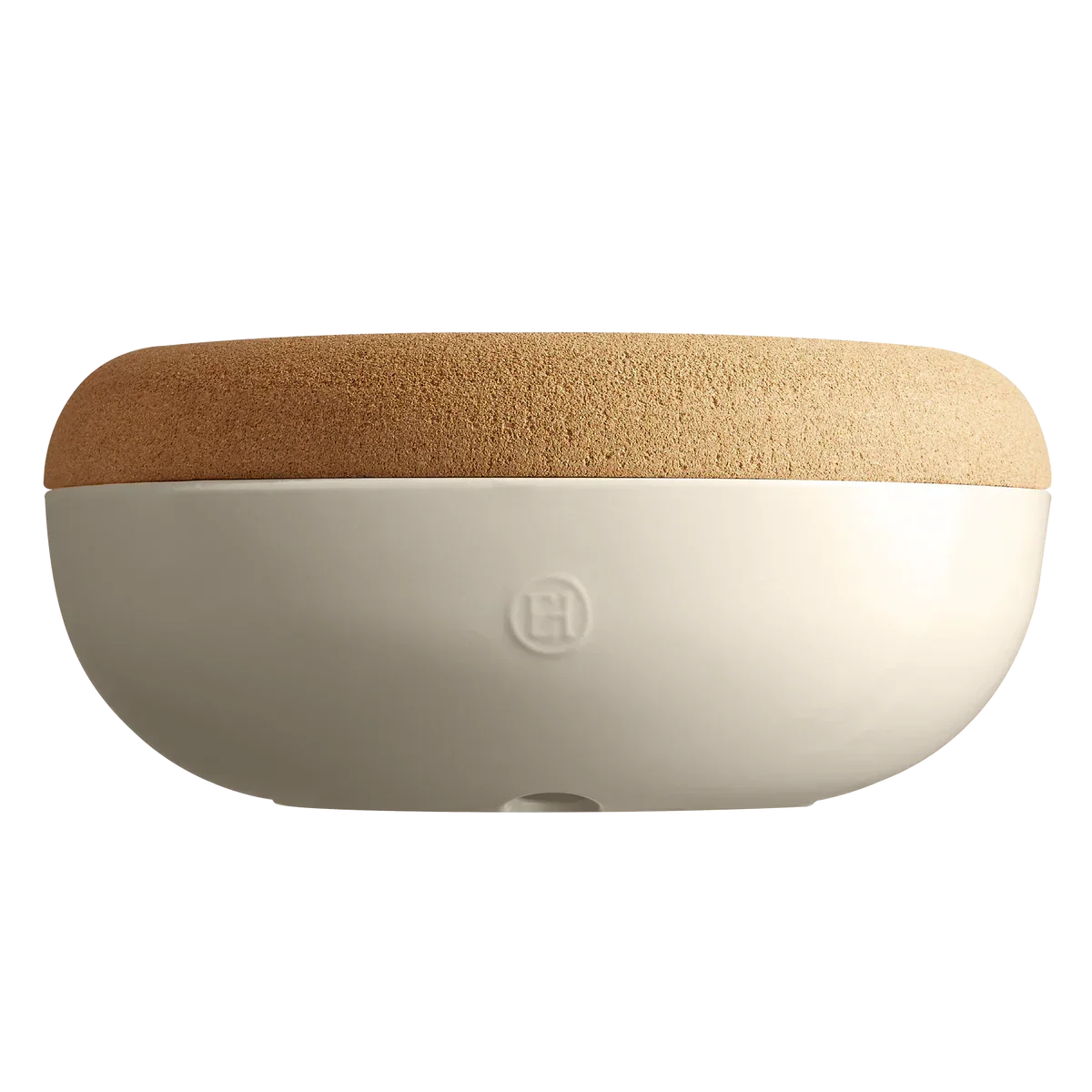 Modern large round storage bowl with cork lid and matte white ceramic base