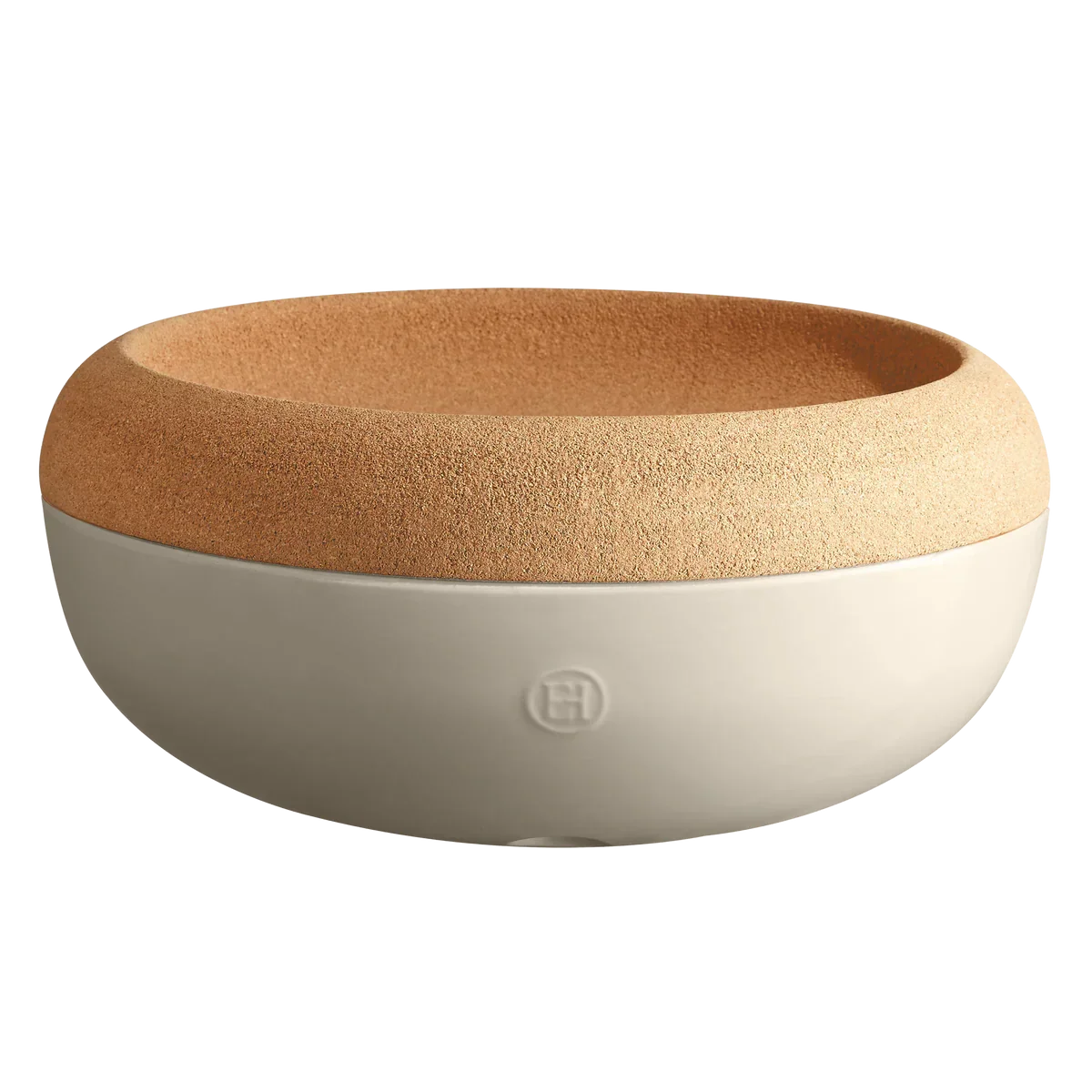 Large storage bowl with smooth beige base and textured clay rim in natural tones