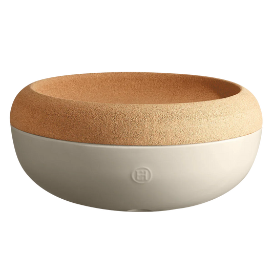 Large storage bowl with smooth beige base and textured clay rim in natural tones