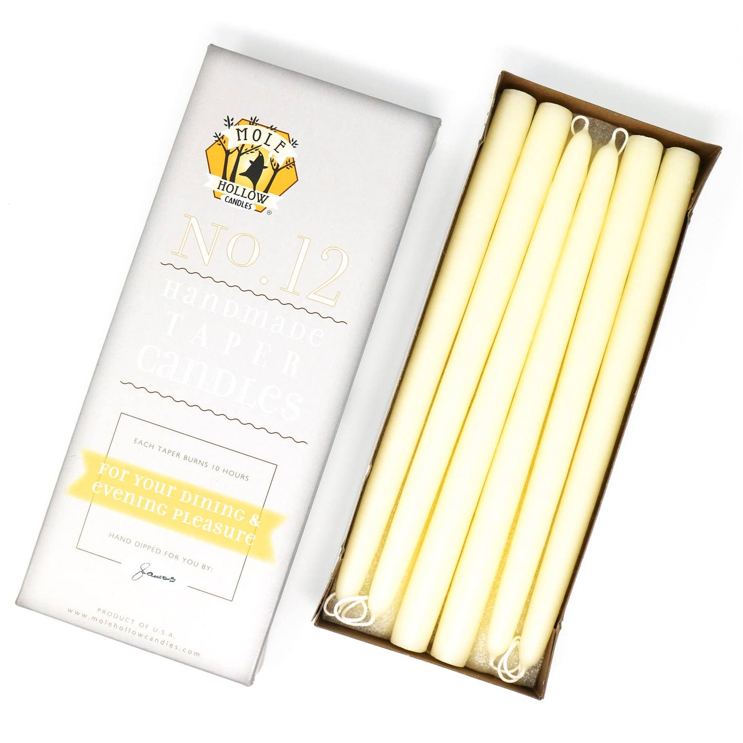 Mole Hollow Hand Dipped Unscented Taper Candles 12"