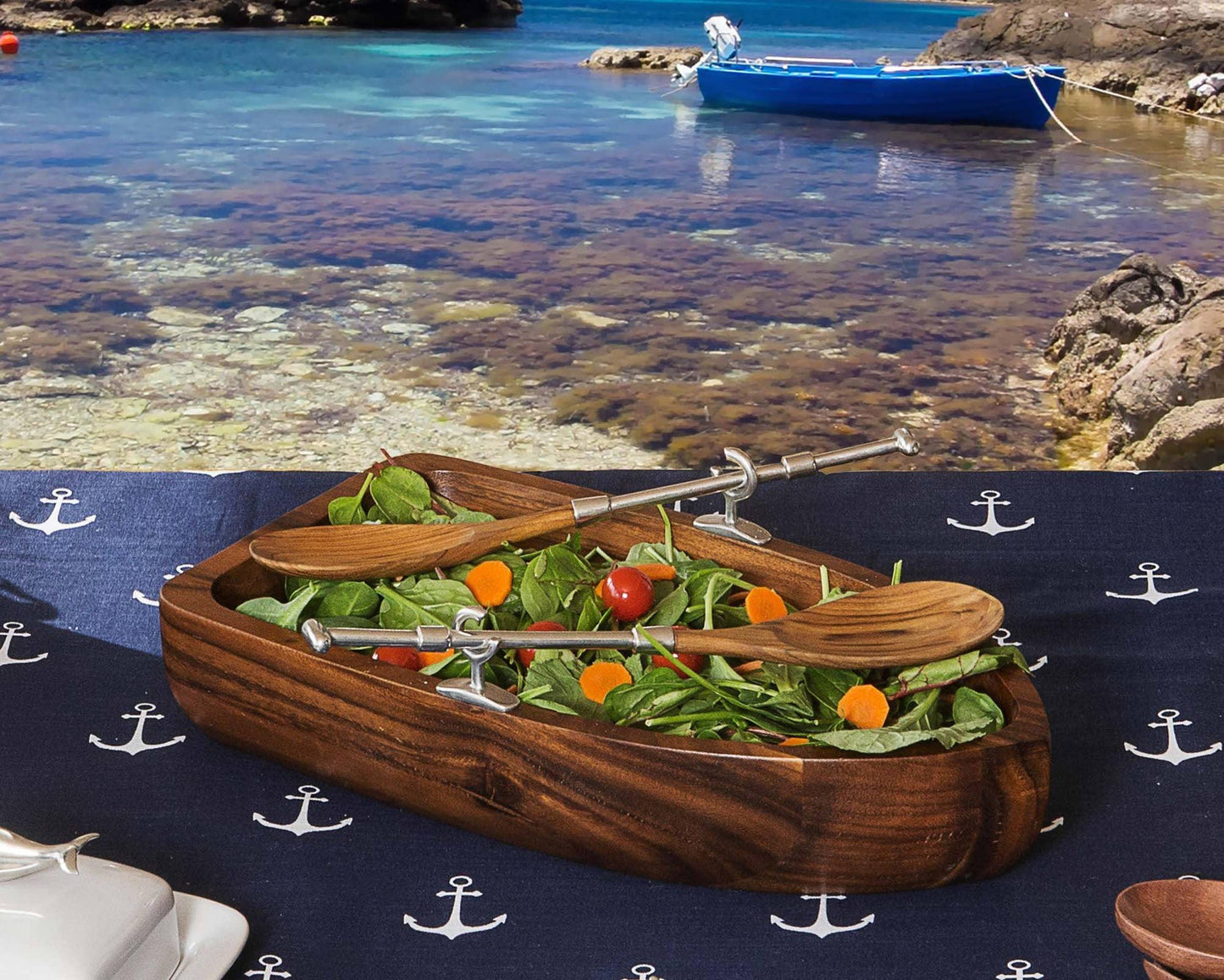 Rowboat Salad Bowl Set - Acacia Wood with Pewter Oar Servers 16"