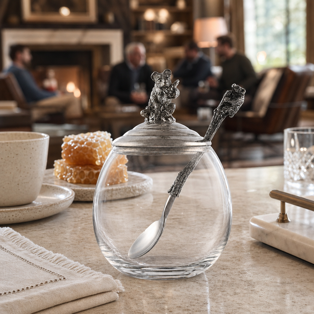 Glass & Pewter Little Bear Honey Pot | 5 Inch