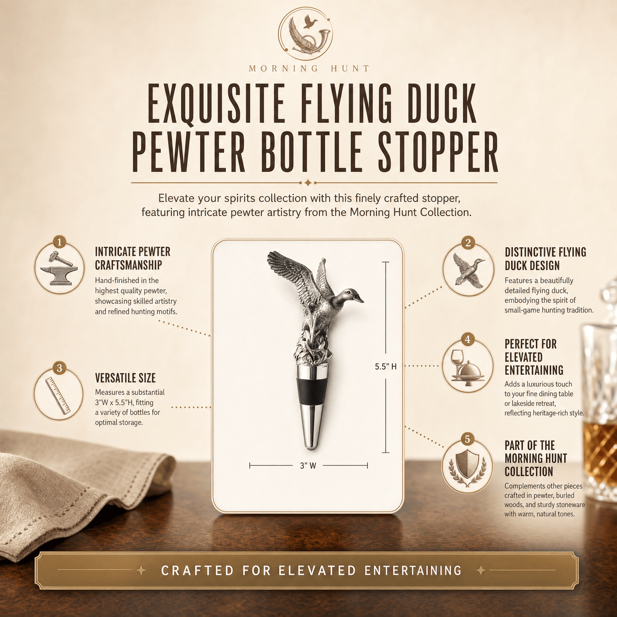 Pewter Flying Duck Bottle Stopper | 5.5 Inch