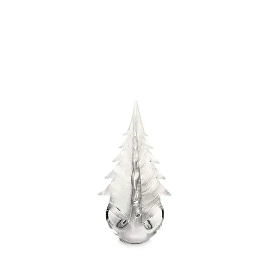 clear crystal figurine shaped like a pine tree with layered branches on white background