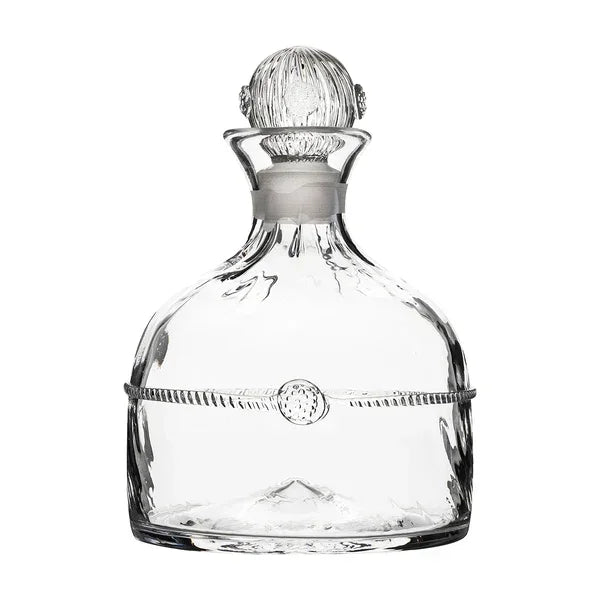 Elegant clear glass liquor decanter with textured stopper and decorative band detail