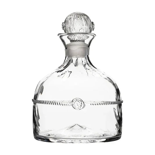 Elegant clear glass liquor decanter with textured stopper and decorative band detail