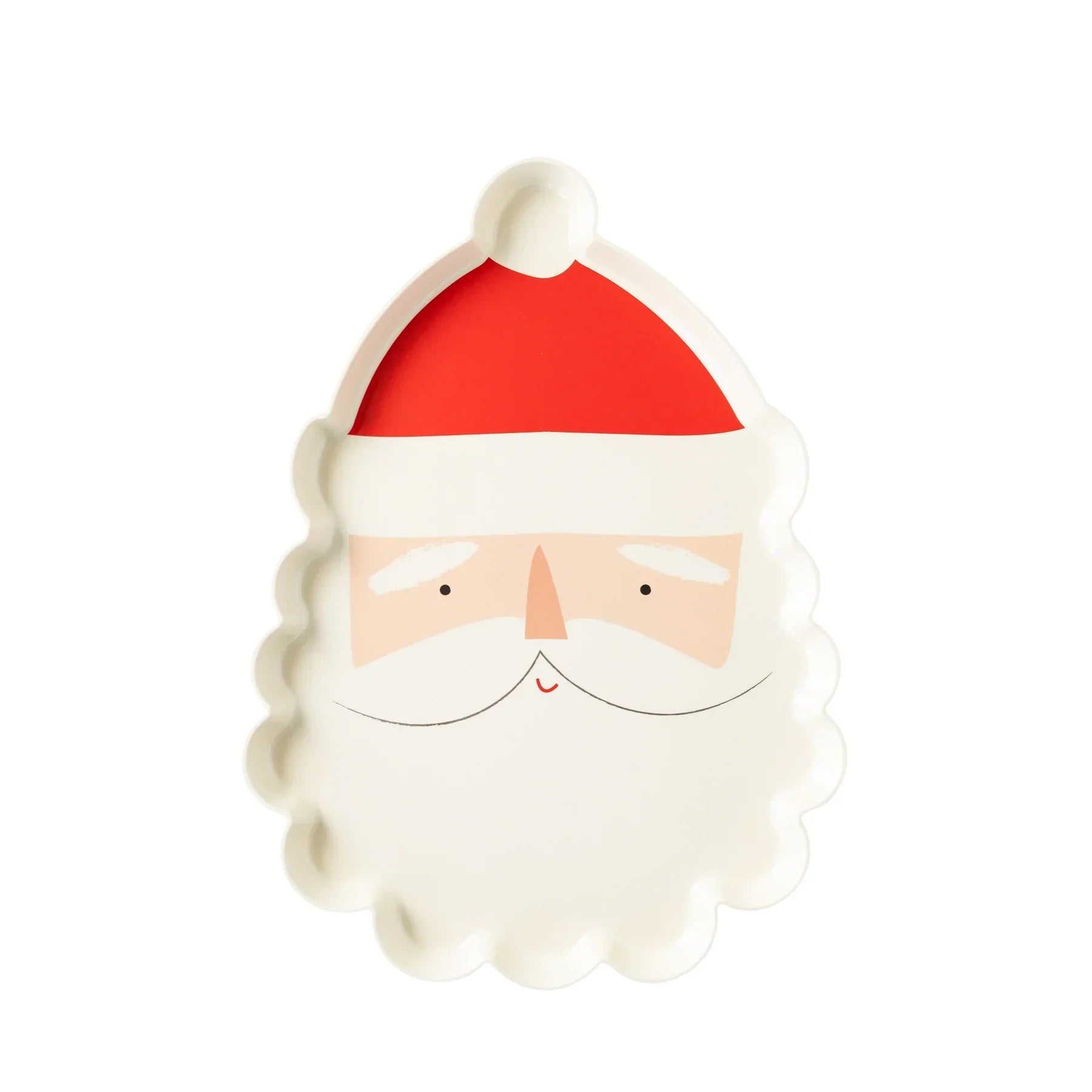 White ceramic plate shaped like Santa Claus face with red hat and white beard