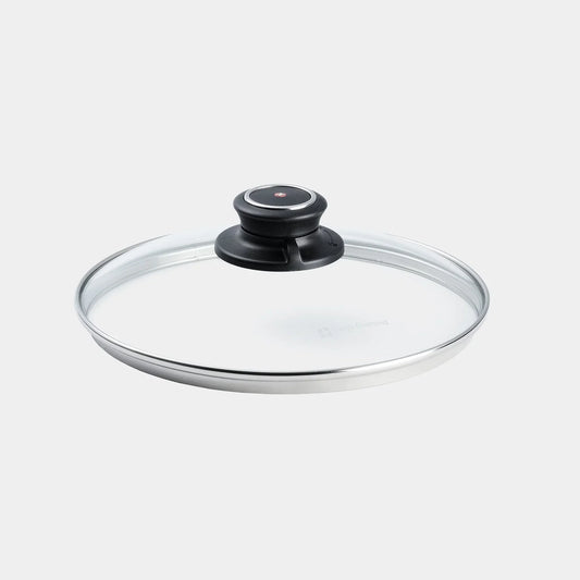 Swiss Diamond glass lid with black handle and stainless steel rim on white background