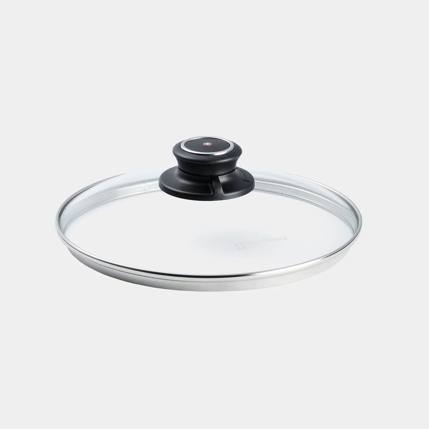 Transparent glass pan lid with black round knob handle and stainless steel rim