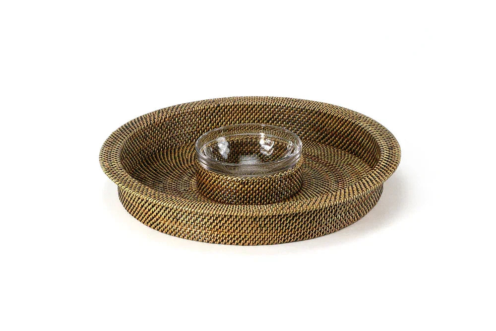 Calaisio Round Handwoven Chip & Dip Basket with Glass 16 oz Dish