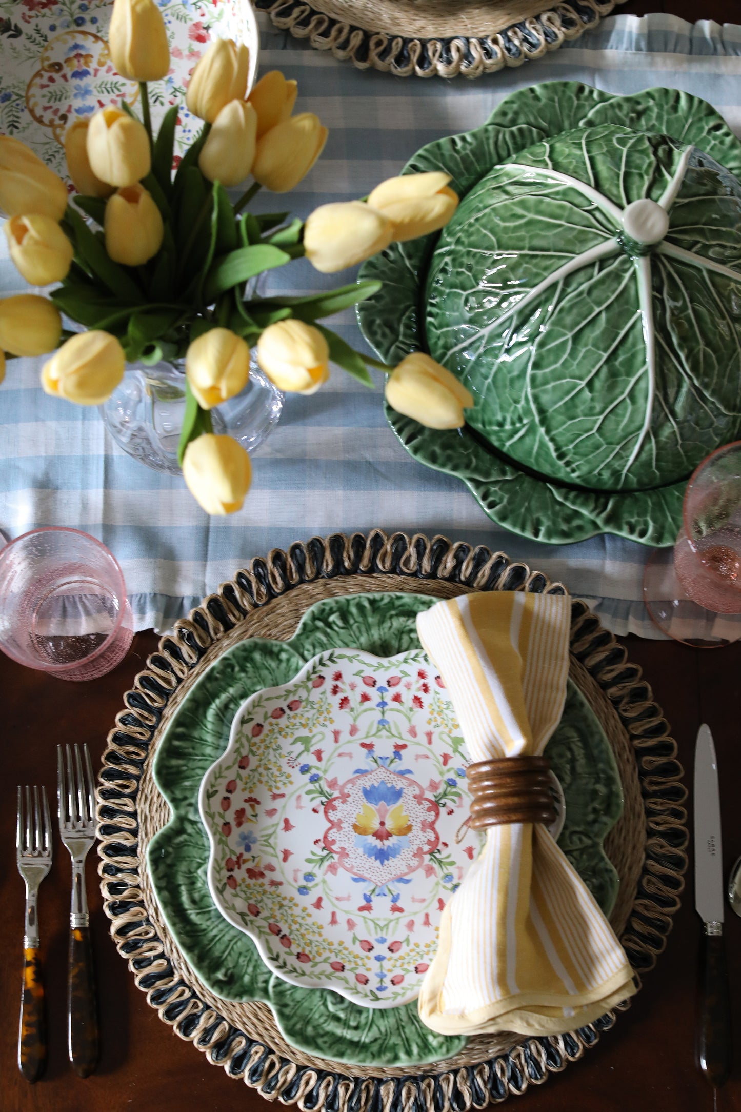 Juliska Gingham Ruffle Table Runner - Ocean 18" x 90"