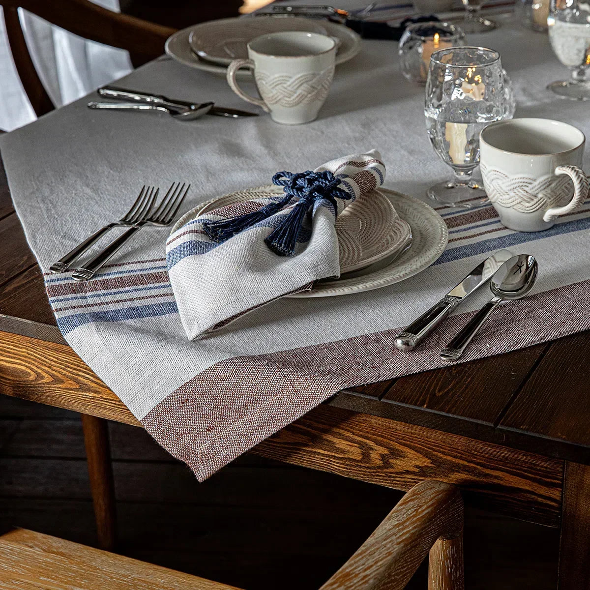 Juliska Danish Stripe Square Tablecloth 52" - Taupe - Marcel’s Culinary Experience